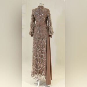 Sophisticated Beaded Long Sleeve Dress in Taupe